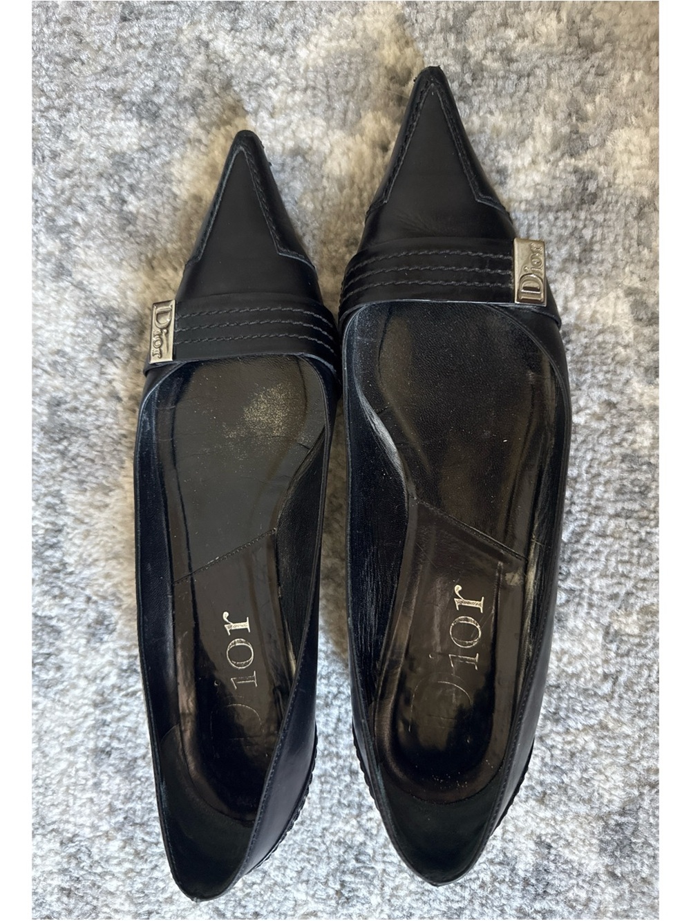 Dior Black Pointed Toe Leather Slip-On Flats with Silver Logo Size 38